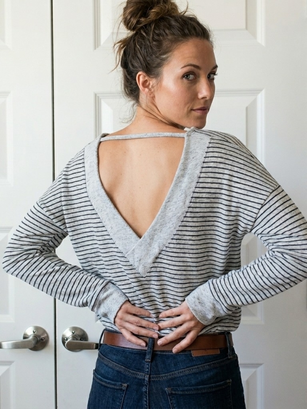 Maurices Heather Gray with Black Stripe Scoop-Back Crew Sweater